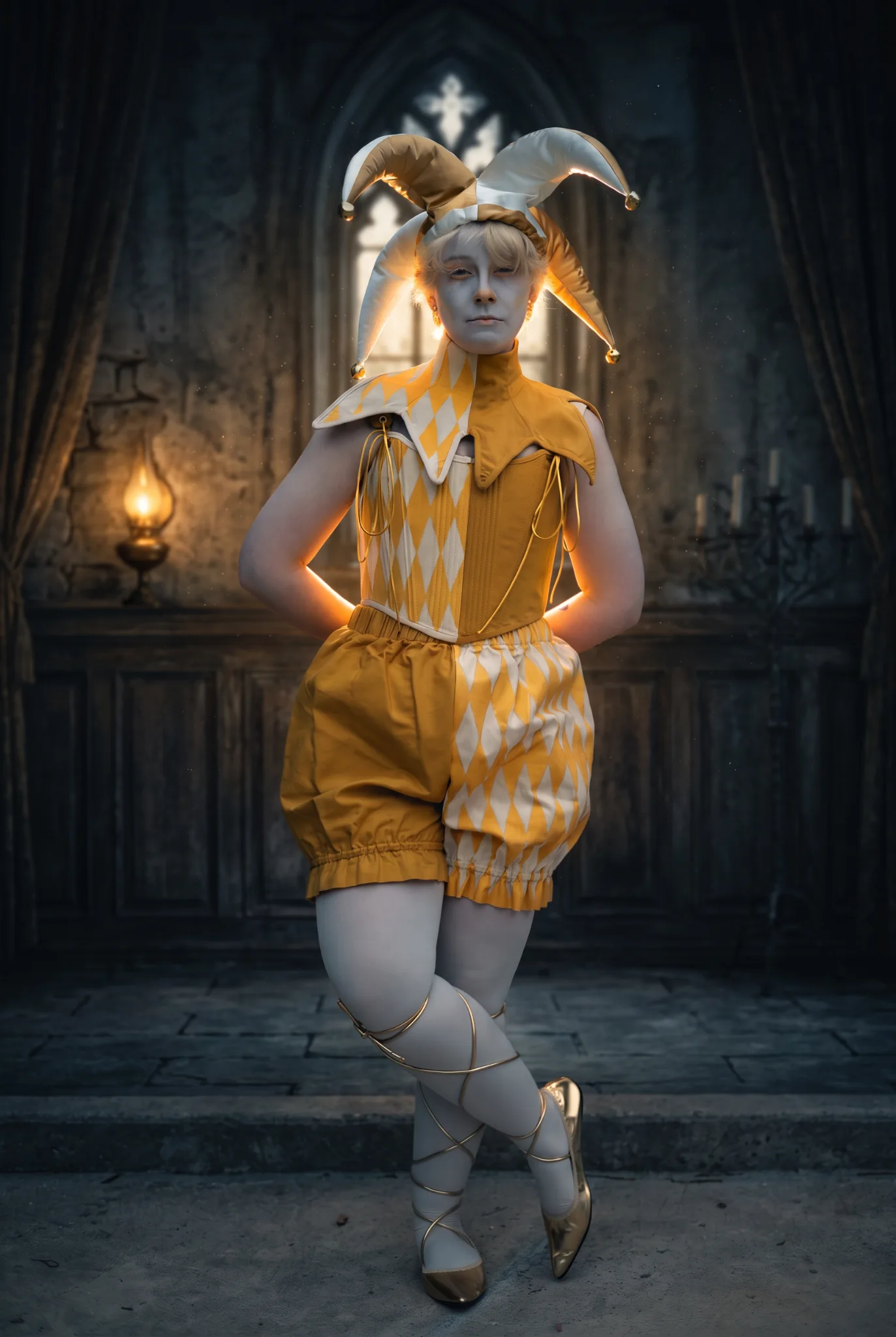 A dramatic fantasy portrait of a golden jester.