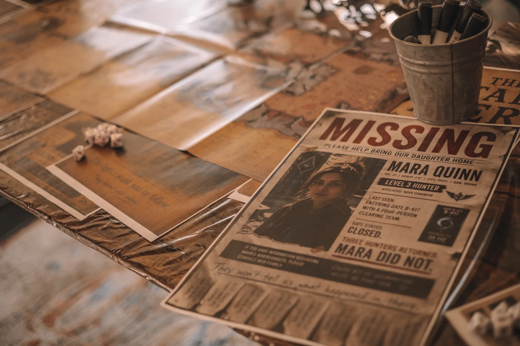 A close view of an in-world missing-person poster and adventure handouts on a table.